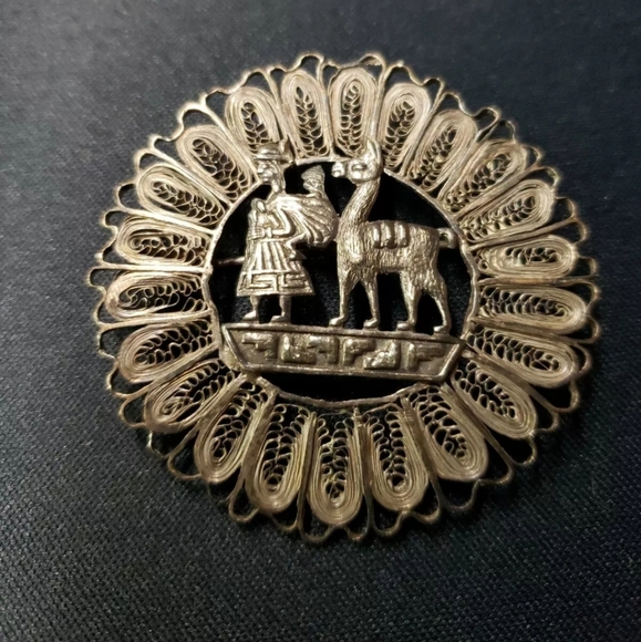 Vintage Peruvian Silver Brooch W/ Silver Filigree .925 - Picture 2 of 6